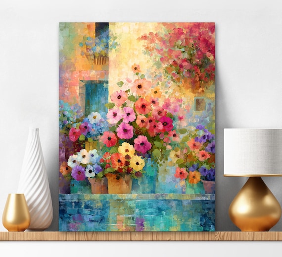Diamond Painting Kit Vibrant Color Ceramic Flower Vases Italian Art, Blue Yellow Painting Kit, Pink Florals Wall Art Set 459