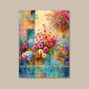 The image is a vibrant and colorful painting depicting a variety of flowers in pots, arranged in a visually appealing manner.