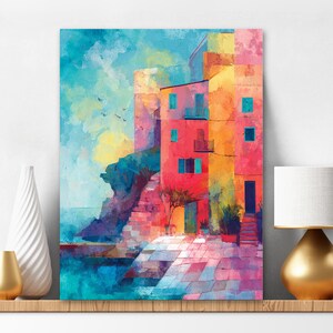 Paint By Numbers Kit for Adults Vibrant Color Beach House Abstract Landscape Painting, Blue Red Mediterranean Villa Diy Acrylic Wall Art 460