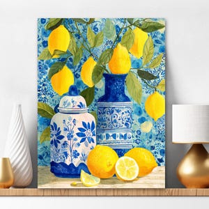 Diamond Painting Kit Lemons and Blue Chinoiserie Pots, Lemon Tree Easy Yellow Blue Drill  Painting Set Fruit and Flowers 450