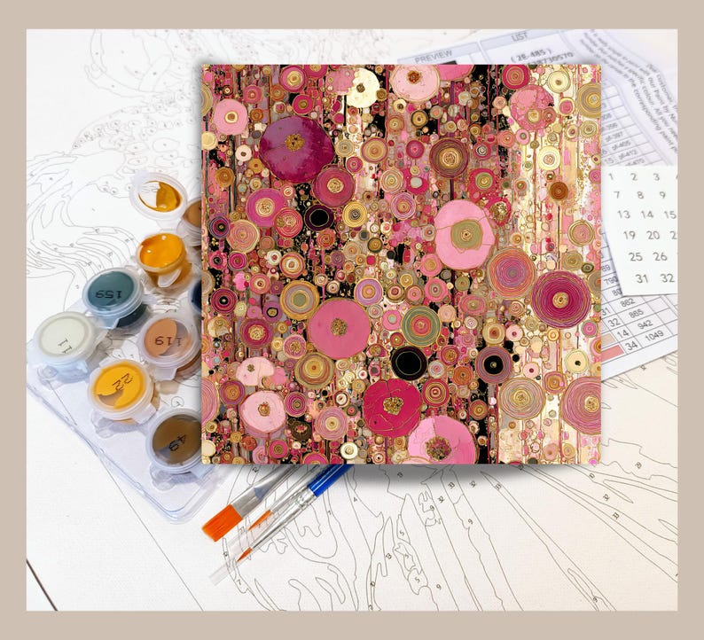May include: A paint-by-numbers kit with an abstract floral design in pink, gold, and brown tones. The kit includes paint pots, brushes, and a numbered canvas. The artwork has a modern, artistic style, suitable for home decor.