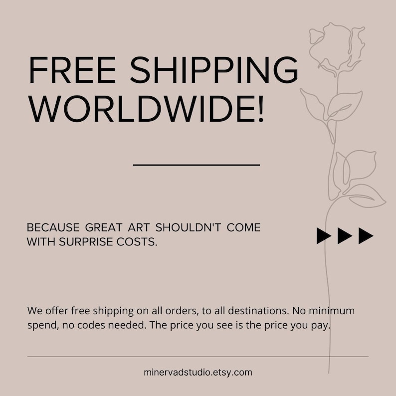 The image is a promotional message for free shipping worldwide. It emphasizes that great art should not come with surprise costs, and that the seller offers free shipping on all orders to all destinations. The message also mentions that there are no minimum spending requirements, no codes needed, and the price is the price the customer pays. The seller's website, mineralvadstudio. Etsy, is also mentioned.