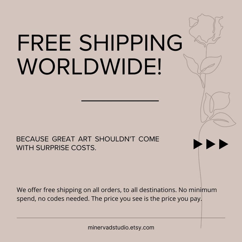 The image is a promotional message for free shipping worldwide. It emphasizes that great art should not come with surprise costs, and that the seller offers free shipping on all orders to all destinations. The message also mentions that there are no minimum spending requirements, no codes needed, and the price is the price the customer pays. The seller's website, mineralvadstudio. Etsy, is also mentioned.