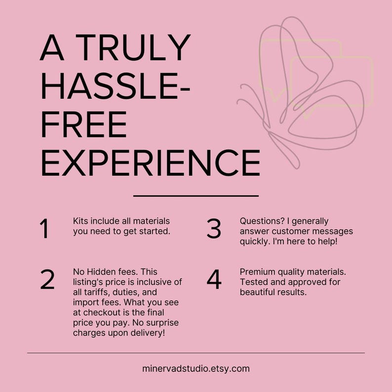 A pink background with black text and a butterfly graphic.