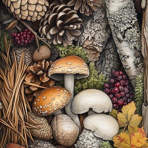 May include: A detailed illustration of forest floor elements. Pine cones, mushrooms, berries, and leaves in shades of brown, orange, red, and green are arranged among tree bark and needles. The image evokes a sense of autumn.