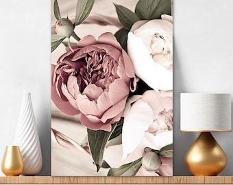 May include: A vertical wall art print featuring a cluster of blooming peonies in shades of dusty rose and soft white, accented by deep green leaves and closed flower buds. The composition is set against a neutral, light-toned background.