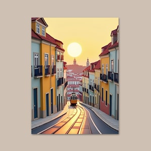May include: A yellow tram travels down a narrow street lined with colourful buildings featuring red roofs and balconies. The scene is set during a sunset with a large sun visible in the distance above the city skyline and tram tracks.