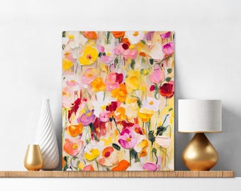 May include: A rectangular canvas painting featuring an abstract floral composition with thick, textured brushstrokes in vibrant shades of yellow, orange, pink, red, and white, depicting a dense field of layered, colorful blossoms.