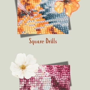 two distinct sections: one with a square pattern and the other with a round pattern. The text above the images reads "Square Drills" and "Round Drills", indicating the type of patterns shown.