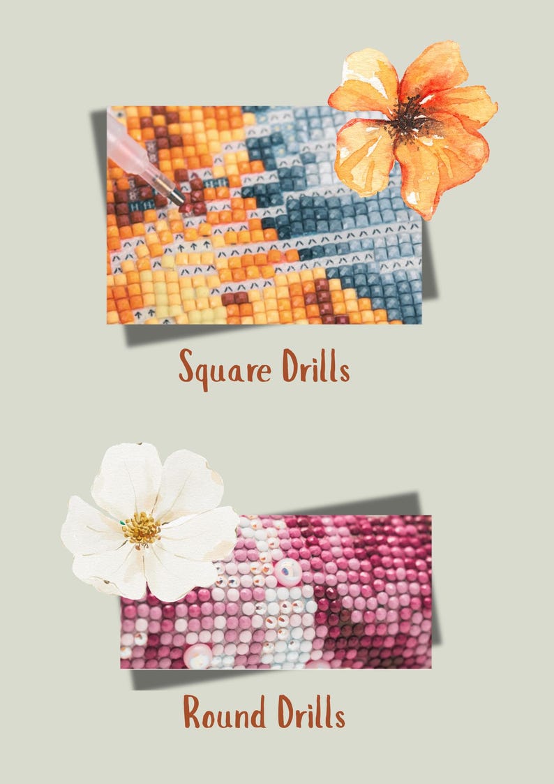 two distinct sections: one with a square pattern and the other with a round pattern. The text above the images reads "Square Drills" and "Round Drills", indicating the type of patterns shown.