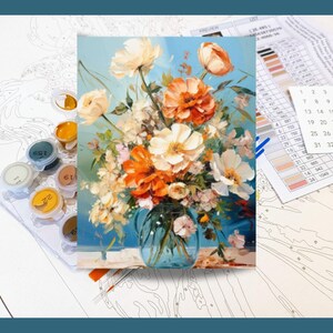 Flower Paint By Numbers for Adults Orange and White Flower Bouquet on a Blue Background Painting By Number Kit Gift for Wife 202 image 2