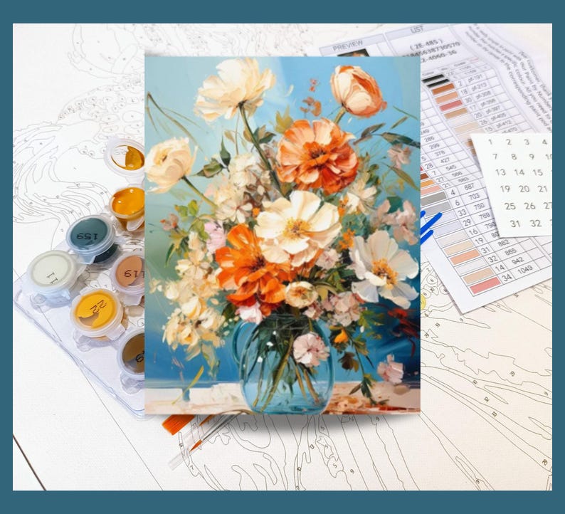 Flower Paint By Numbers for Adults Orange and White Flower Bouquet on a Blue Background Painting By Number Kit Gift for Wife 202 image 2