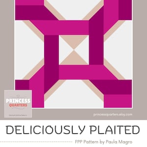 May include: A digital quilt block pattern titled DELICIOUSLY PLAITED by Paula Magro. The design features a geometric, interwoven ribbon motif in shades of magenta and dark pink against a white and beige background. Available in sizes 3x3, 4x4, 6x6, 8x8, 9x9, 12x12, 18x18, and 24x24 inches.