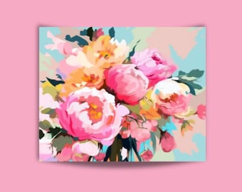 May include: A rectangular wall art print featuring a stylised floral arrangement of peonies in shades of bright pink, soft peach, and creamy white. The flowers are set against a light blue background with abstract patches of pale pink and green.