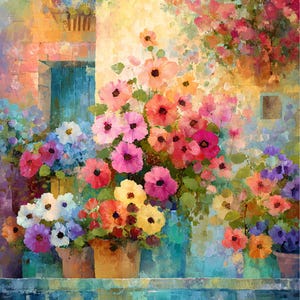 The image is a vibrant and colorful painting depicting a variety of flowers in pots, set against a backdrop of a building with a blue door and a window.
