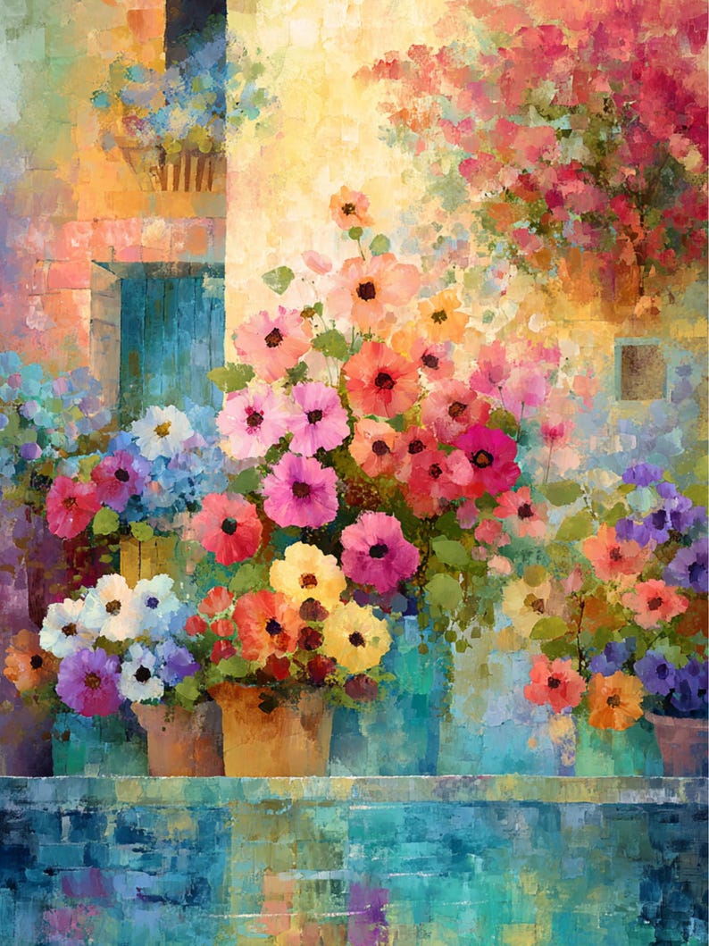 The image is a vibrant and colorful painting depicting a variety of flowers in pots, set against a backdrop of a building with a blue door and a window.