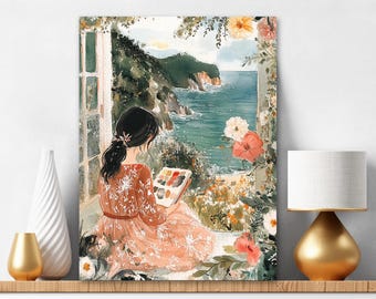 Kit de pintura de diamantes Niña en la ventana Pintura Naturaleza, Vista al mar desde la ventana Juego de pintura de taladro, Actividad de atención plena azul 417