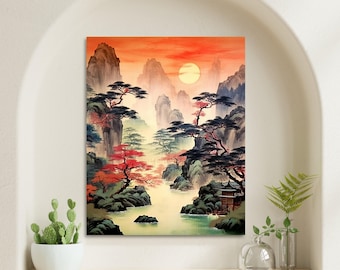 May include: A rectangular wall art print featuring a landscape painting of jagged mountains, a calm river, and pine trees with red and dark green foliage under a bright yellow sun in an orange sky. A small traditional building sits by the water.