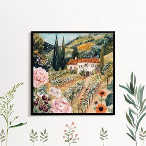 The image is a framed painting depicting a picturesque countryside scene with a white house surrounded by lush greenery, including trees and flowers.