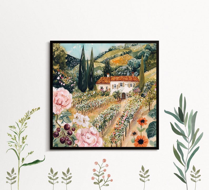 The image is a framed painting depicting a picturesque countryside scene with a white house surrounded by lush greenery, including trees and flowers.