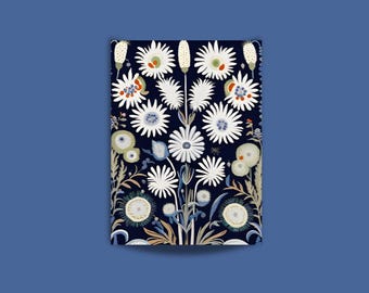 May include: A rectangular print featuring a dark navy blue background with a symmetrical botanical illustration of white daisy-like flowers, spiky seed pods, and thin stems in shades of light blue, beige, and muted orange accents throughout.