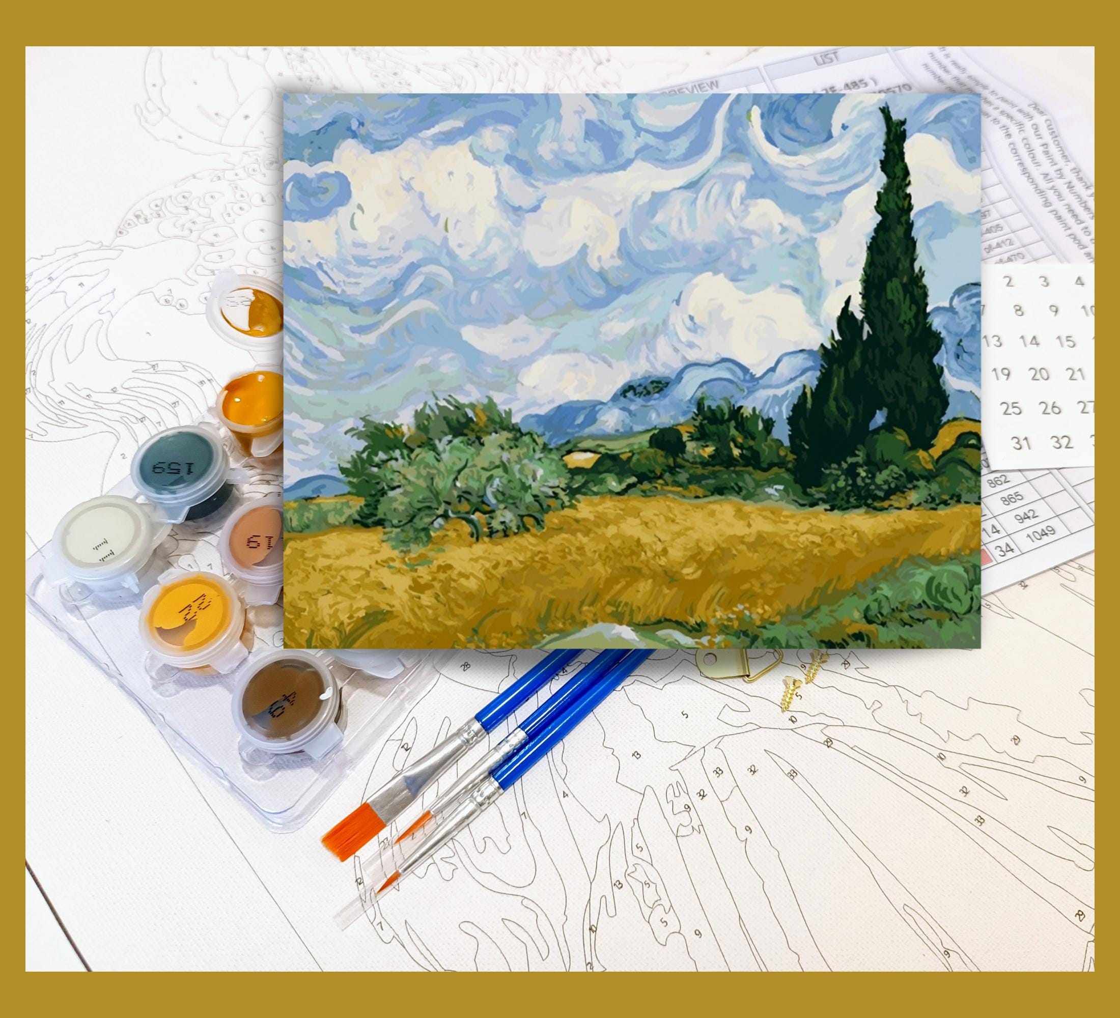 Kit Peinture Par Numéros Adultes Artnapi - Toile 40x50cm Cadrée, Van Gogh Champ De Blé, Peintures Acryliques Incluses