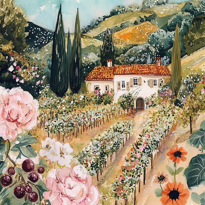 A picturesque landscape featuring a quaint white house with a red roof nestled amidst lush greenery, including rows of grapevines and vibrant flowers.