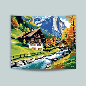 Kit de peinture à numéros pour adultes Alpes suisses, paysage de montagne, ensemble de peintures, maisons de montagne, activité de détente pour l'hiver, cadeau pour un ami, 195