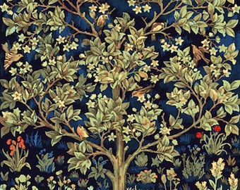 May include: A tapestry featuring a central tree with light green leaves and small white flowers against a dark blue background. Several birds are perched within the branches. The base of the tree is surrounded by various colorful flowers and plants.