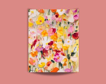 May include: An abstract oil painting featuring a dense field of flowers in vibrant shades of yellow, orange, pink, red, and white. The artwork displays thick, textured brushstrokes and vertical paint drips, creating a layered floral composition.