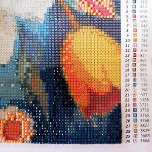 The image is a close-up of a diamond-studded painting, featuring a vibrant and detailed design. The painting is composed of numerous small, colorful diamonds arranged in a grid-like pattern, creating a striking visual effect. The image is not a single, continuous scene but rather a collection of individual images that come together to form a larger, cohesive picture. The precise arrangement and color scheme of the diamonds contribute to the overall aesthetic appeal of the artwork.