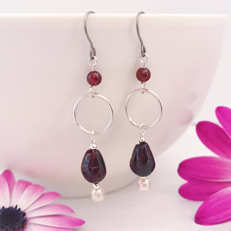 Garnet Teardrop Earrings Sterling Silver Earrings made of Titanium Handmade Allergy Free Earrings