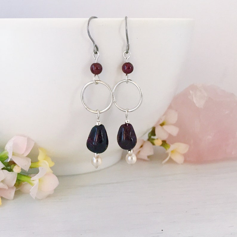Garnet Teardrop Earrings Sterling Silver Earrings made of Titanium Handmade Allergy Free Earrings