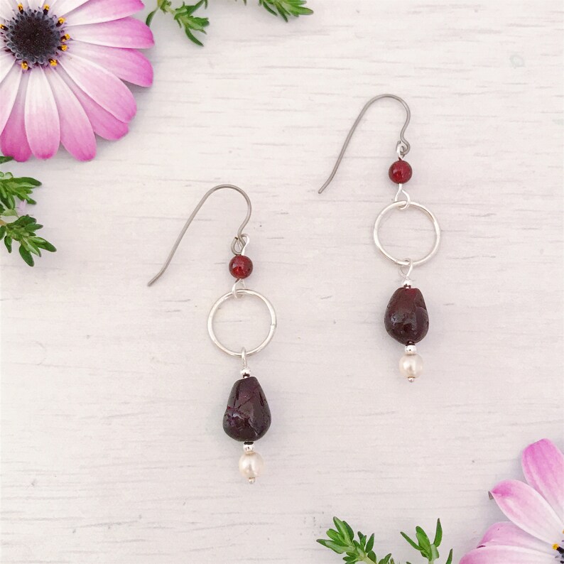 Garnet Teardrop Earrings Sterling Silver Earrings made of Titanium Handmade Allergy Free Earrings