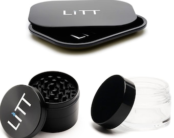 LiTT Small Rolling Tray With Clear Glass Jar and Medium Herb Grinder Pollen Catcher. Stash Tray. Herb Spice Grinder Storage Jar Gift for Men