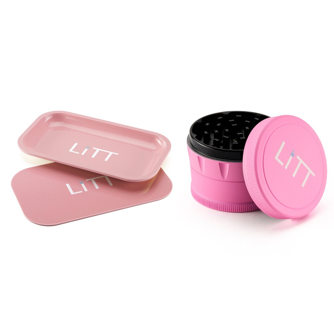 Litt Pink Large Rolling Tray and Pink Grinder Bundle Herb Spice Rolling
