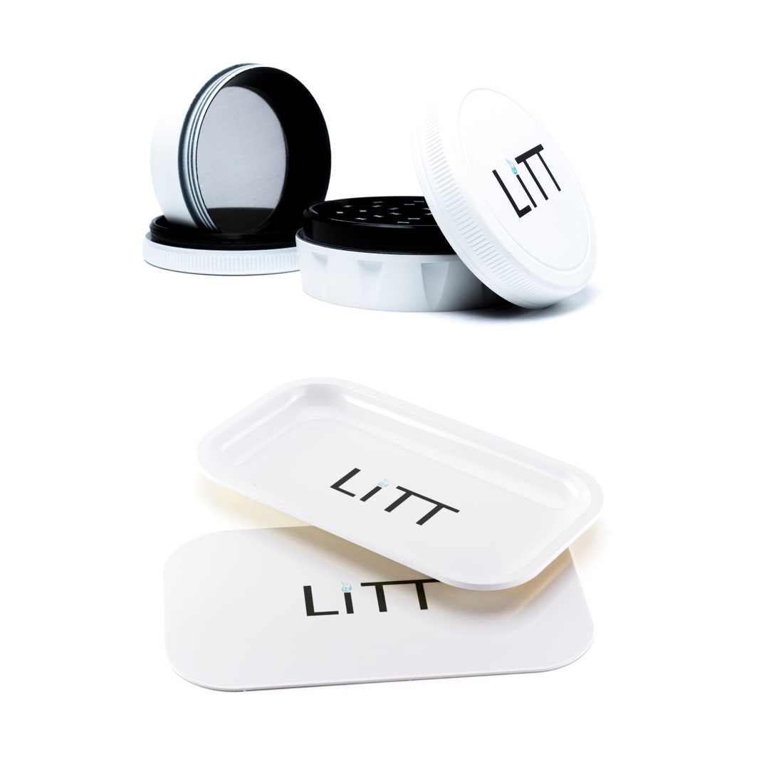 Litt Large White Tray With Lid & Litt Classic White Grinder Spice Herb Rolling Tray