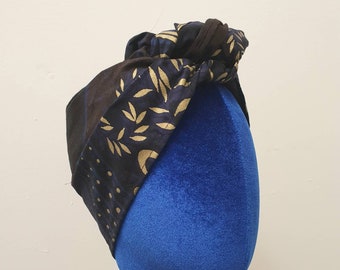 African Print Mini Headwrap Headband PREMIUM Navy Blue Gold Turban Print Vintage