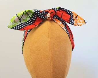 Afrikanischen Druck NARROW MAYA Kopf Krawatte Vintage Stil Kopf Band mit Zentrum Knoten Baumwolle Orange grün Druck