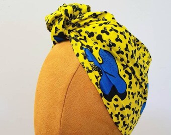 African Print Mini Headwrap headband Turban Head Tie Ankara Yellow Blue Splat Print Rockabilly Style