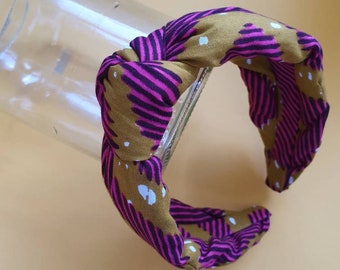 African Print Alice Band Pink Mustard ZIG ZAG Print Head Band with Centre Knot Ankara