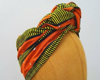 Mini Headwrap Headband Turban Head Tie Ankara Orange Yellow Abstract Print Bright Kitinge Vintage