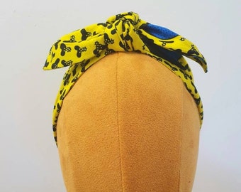 African Print NARROW MAYA Head Tie Vintage Style Head Band with Centre Knot Ankara Yellow Blue Splat Print