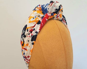 Mini Headwrap Headband Turban Head Tie Ankara White Yellow Blue Paint Splash Abstract Print Bright Kitinge Vintage
