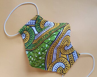 African Print Face Mask Green Yellow White Print Kitinge Vintage Accessory