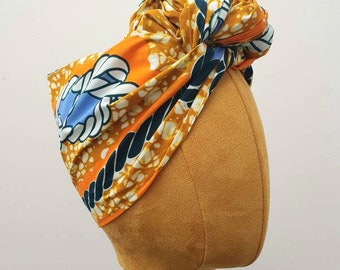 Mini Headwrap Headband Turban Head Tie Ankara White Orange Blue Nautical Spring Abstract Print Bright Kitinge Vintage