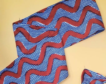 Mini Headwrap Headband Turban Head Tie Ankara Red Navy Blue Zig Zag Abstract Print   Ankara Kitinge Vintage