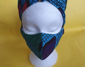 Shaped Face Mask Blue Yellow Green Geometric Print African Print Kitinge Vintage Accessory