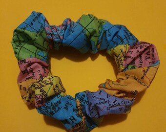 Scrunchie with Globe Print Vintage Style Head Band with Centre Knot Cotton Blue Pink Lilac Yellow Green World Print