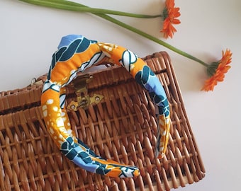 African Print Rope Print Alice Band Orange Yellow White Blue Head Band with Centre Knot Vintage Style